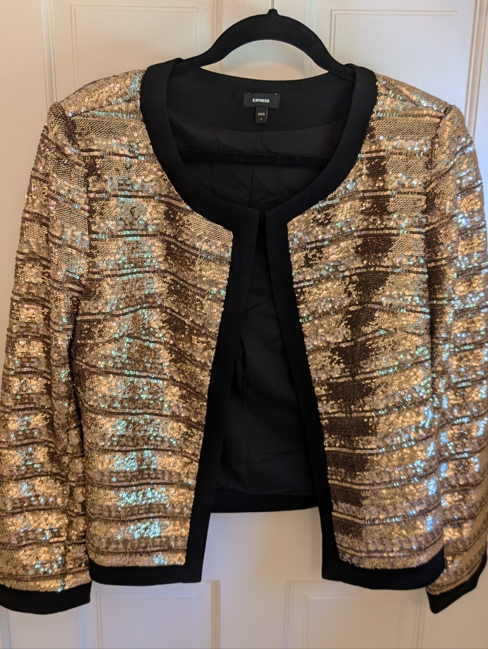Express Women's Gold Sequin Open-Front Blazer with Black Trim